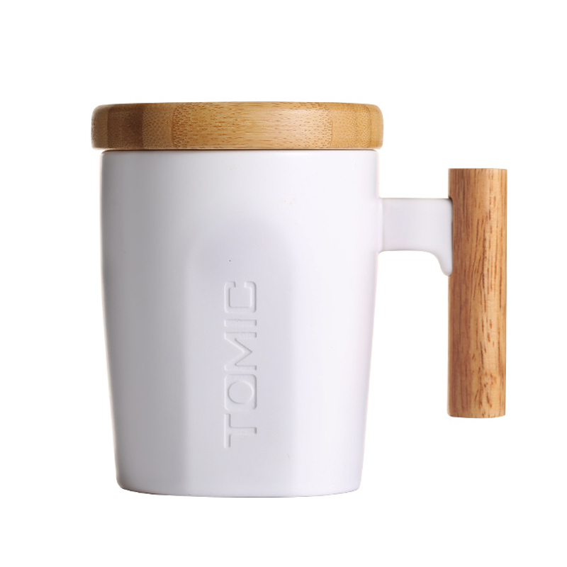 特美刻(TOMIC)马克杯 带盖咖啡杯子情侣陶瓷杯创意木柄牛奶杯水杯随手茶杯 TCL1329 黑色400ML