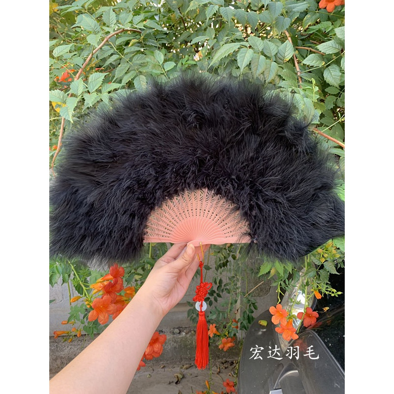 真升级全绒加厚旗袍走秀羽毛扇舞台表演25骨50*30CM羽毛扇子折扇 三维工匠 肉色扇骨黑色