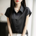 夏季新款POLO领衬衫女丝滑缎面纯色飞袖衬衣气质叠穿开衫上衣 L 黑色