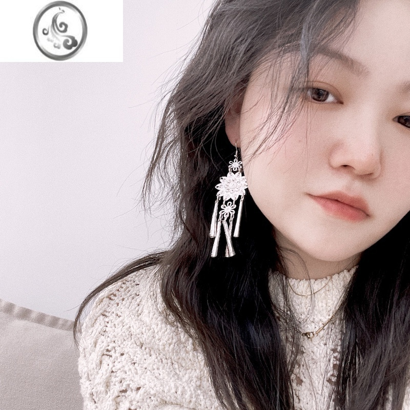 JiMi木兰 复古苗银民族镀银耳环新中式国风耳饰小众长款流苏夸张耳夹