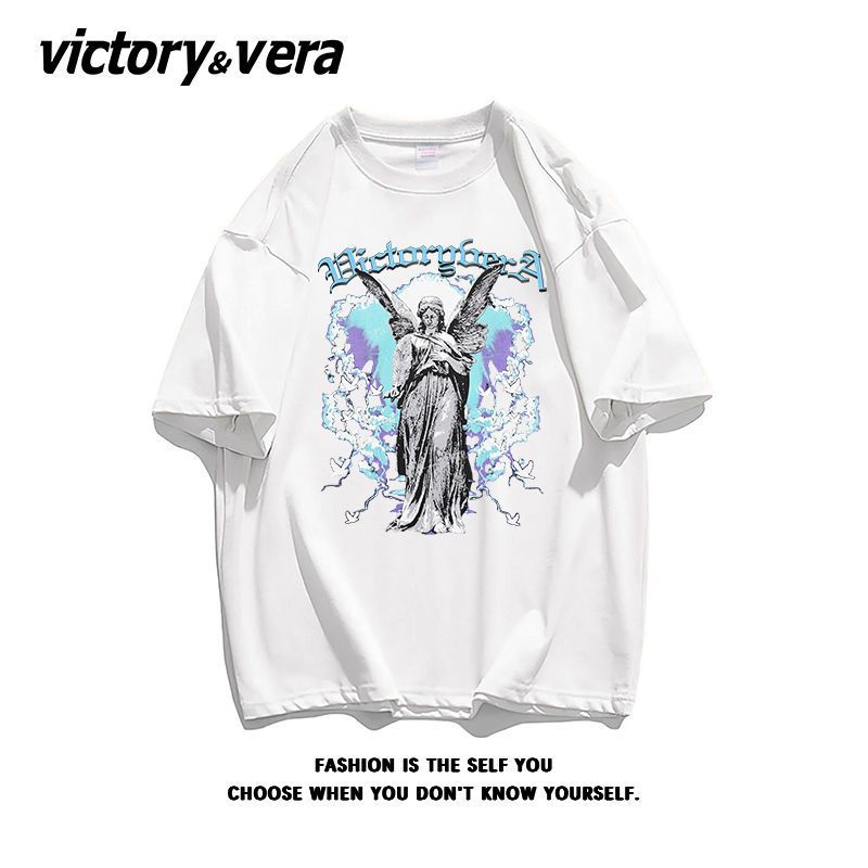 VICTORYVERA100%纯棉复古天使像印花短袖T恤女宽松夏季上衣chic
