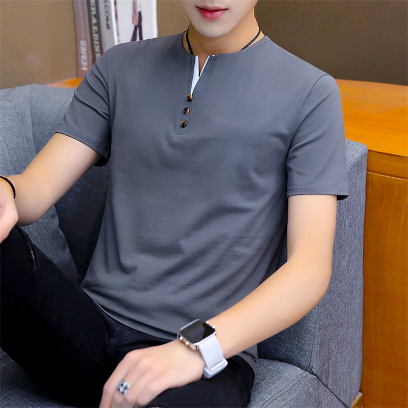 蓝缕金(LANLVJIN)男士T恤夏季2021新款青年半开圆领修身棉氨弹力上衣韩版休闲纯色短袖体恤男