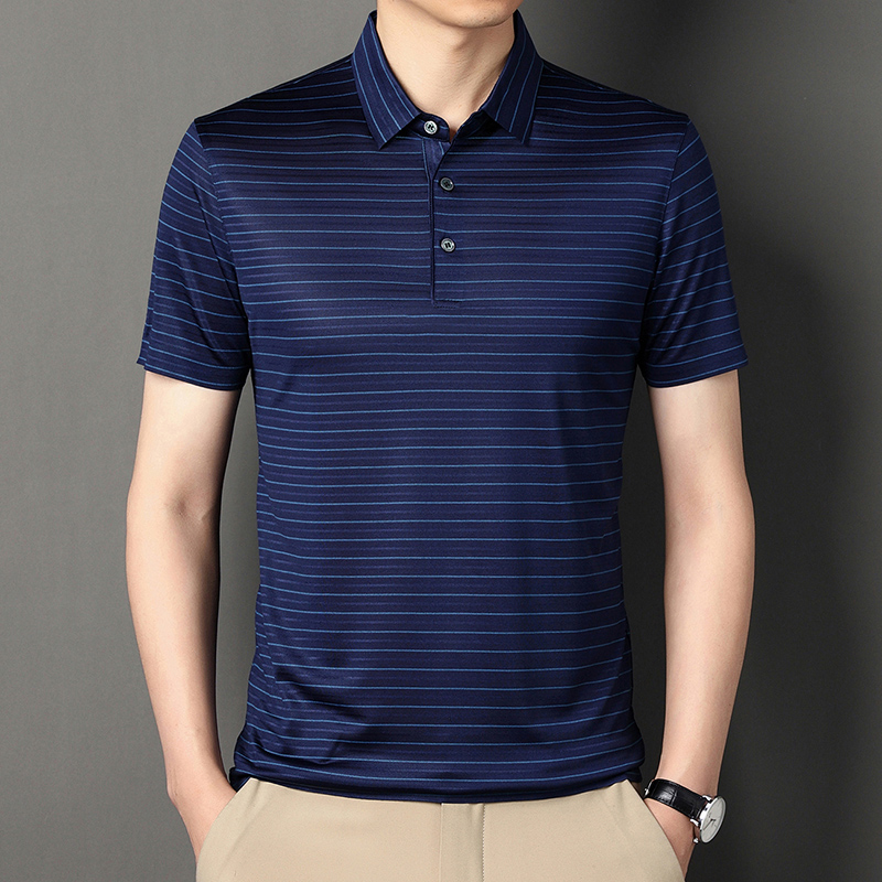 2023鄂尔多斯市夏季新款冰桑蚕丝短袖T恤男士商务休闲翻领POLO衫 175/XL建议135-155斤 宝蓝-72981