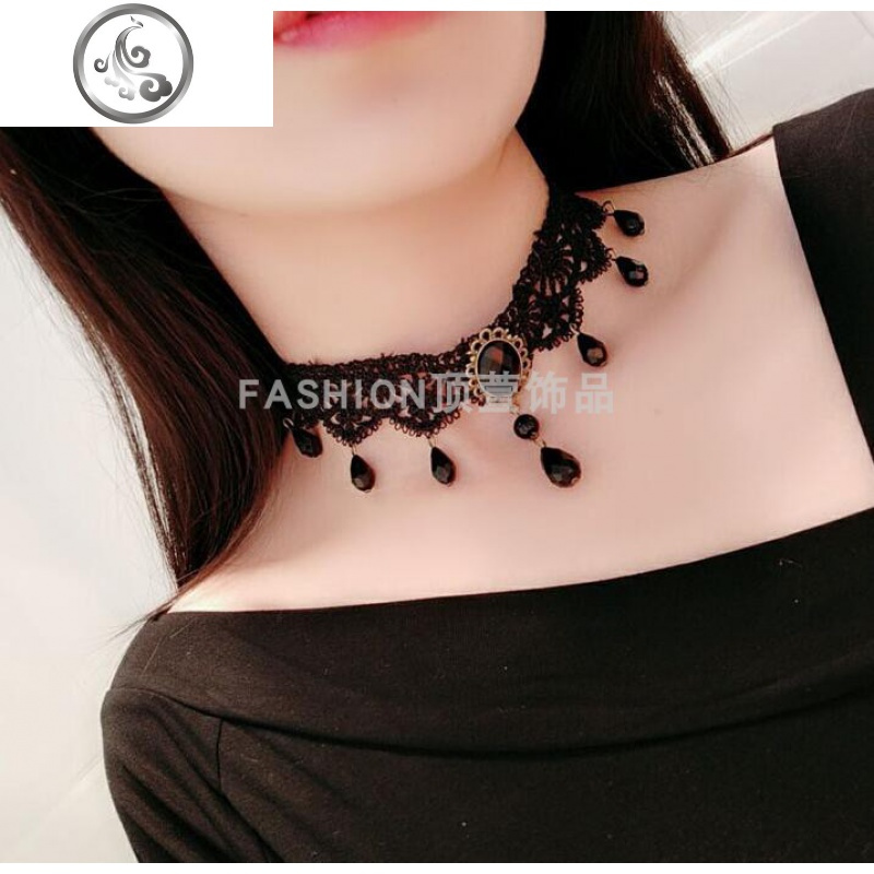 新款蕾丝项链女日韩个性颈带脖子饰品短款锁骨链chic简约潮人吊坠 黑宝石水滴