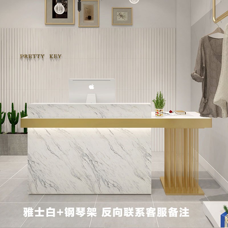 收银台柜台简约现代小型北欧服装店美容院吧台公司前台接待台铁艺 雅士白+钢琴架_120x60x100cm