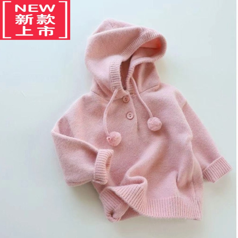 可莉允女童毛衣2022新款洋气儿童粉糯连帽套头针织衫女宝宝韩版帽子衫潮