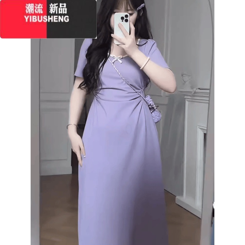 YIBUSHENG大码梨形身材遮胯收腰短袖黑色小裙子女季胖mm茶歇风显瘦连衣裙