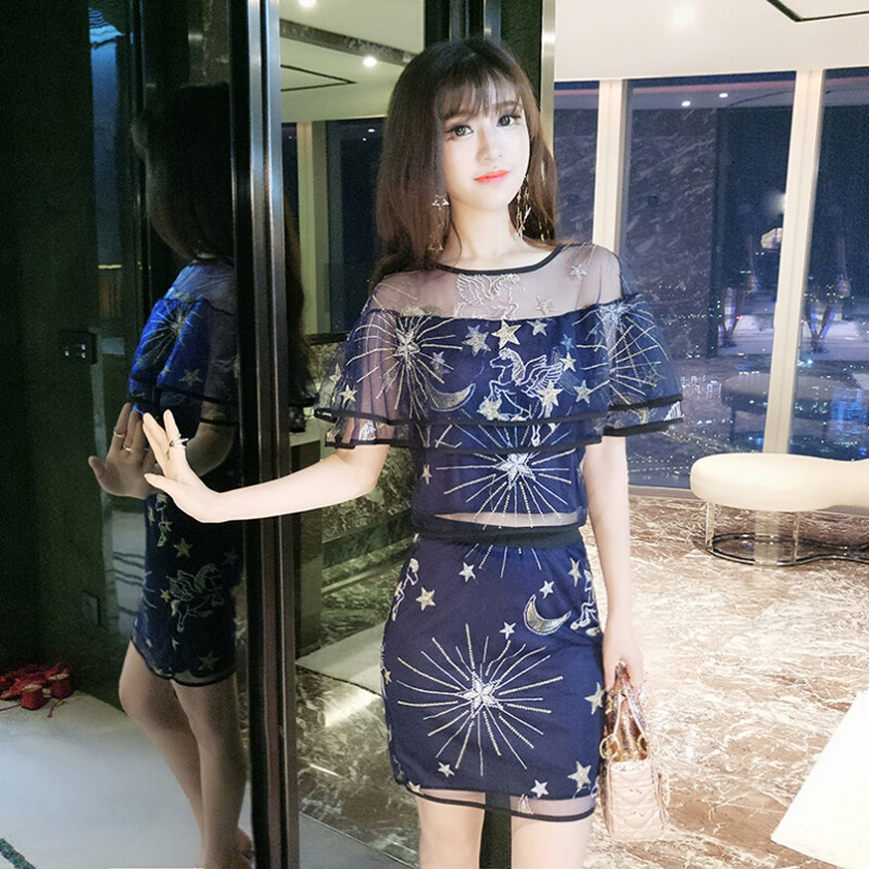 夏装2018韩版新款时尚百搭天马星空刺绣荷叶边上衣包臀半身裙套装蓝色
