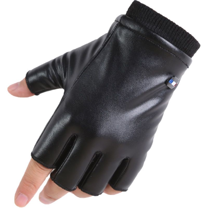 男升级皮绒一体小号均码男士保暖半指手套冬季半截开车防滑水洗皮防水