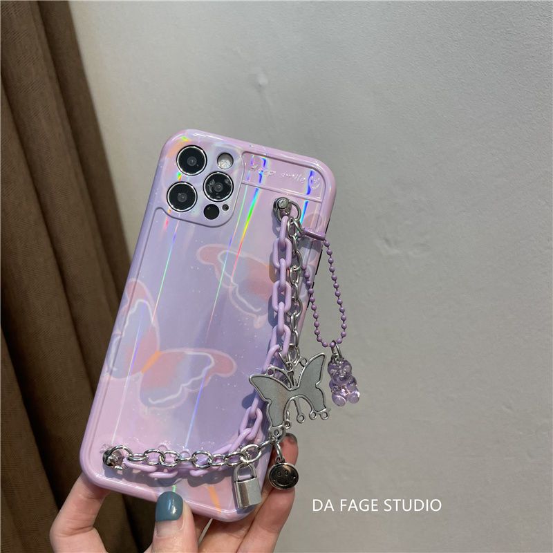 镭射蝴蝶苹果12手机壳iPhone11promax软壳x/xr手链xsmax女7plus/8 紫镭射蝴蝶+手链 [苹果1