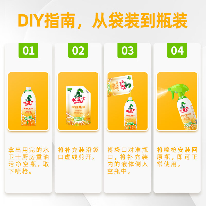 水卫仕厨房重油污净4件套装WD05 (厨房重油污净1瓶(喷头*1)+3袋)高清大图