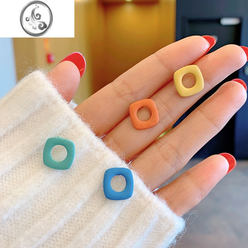 JiMi简约个性撞色双色镂空方块小耳钉银针森系小巧耳环耳饰潮秋冬网红高清大图