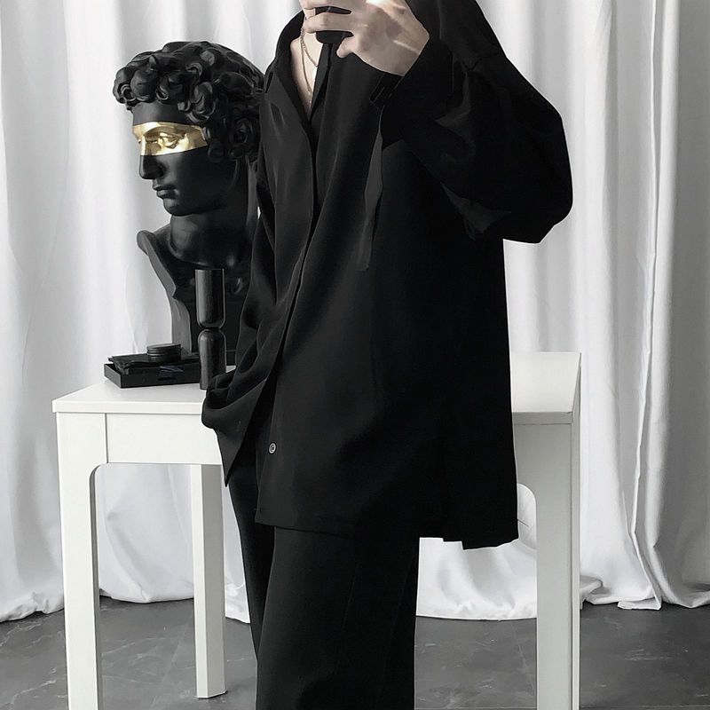 短句先生暗黑禁欲系黑色衬衫男长袖韩版设计感慵懒风气质宽松衬衣