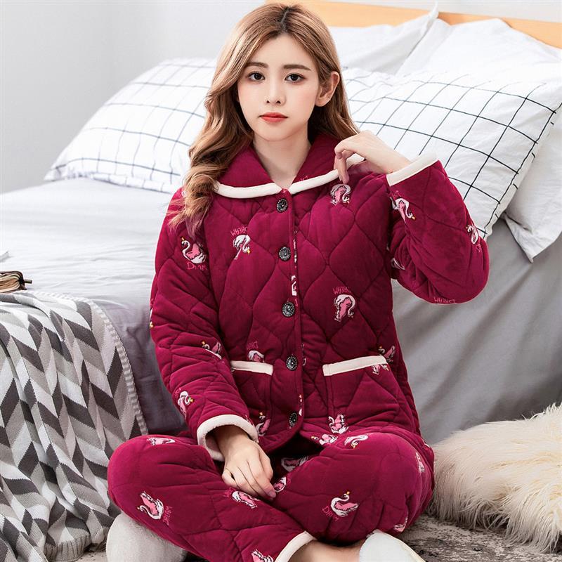 睡衣女冬季三层加厚夹棉睡衣冬天珊瑚绒保暖套装法兰绒棉袄家居服