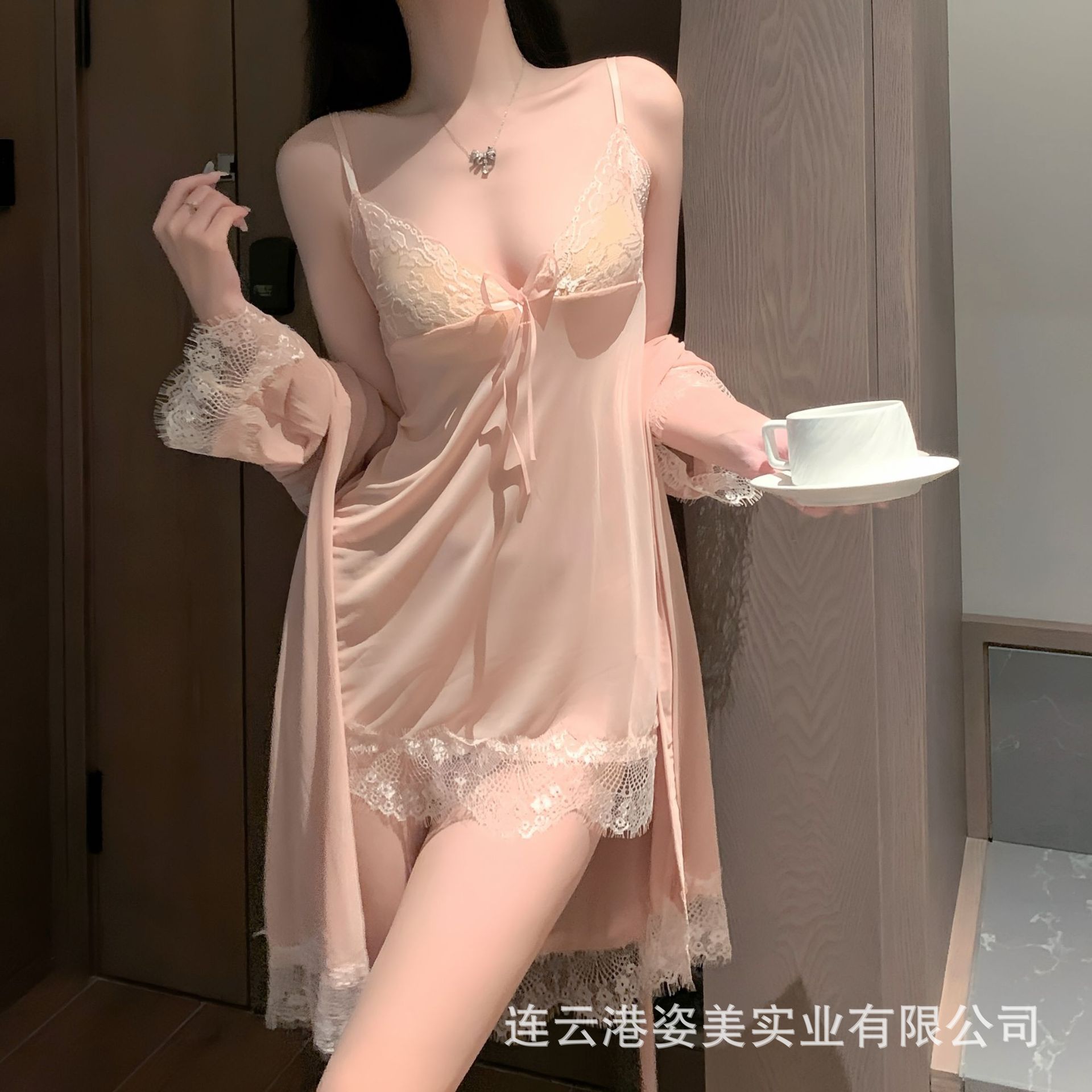 夜酥情趣内衣胸垫性感甜美风网纱露背蕾丝深V诱惑睡裙外袍家居套 肤色 大码