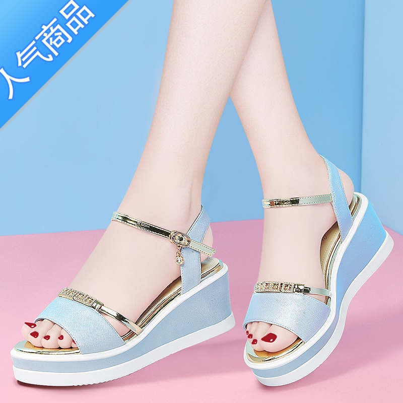 SUNTEK2023年新款一字扣带仙女风坡跟凉鞋夏季百搭妈妈鞋厚底高跟2高清大图