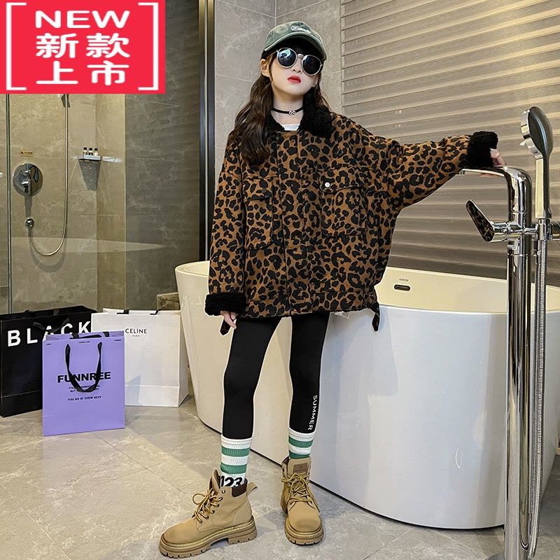可莉允女大童秋冬外套2022新款网红炸街时髦保暖棉服豹纹女童厚款派克服图片