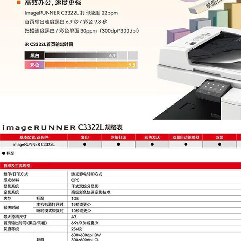 佳能(Canon)iR C3322L A3彩色激光打印机办公大型数码复合机(双面/复印/扫描/WiFi无线)高清大图
