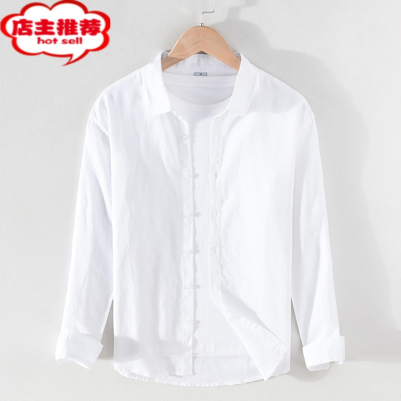 shanchao春季亚麻衬衫男长袖宽松休闲薄款纯色日系复古工装白棉麻衬衣