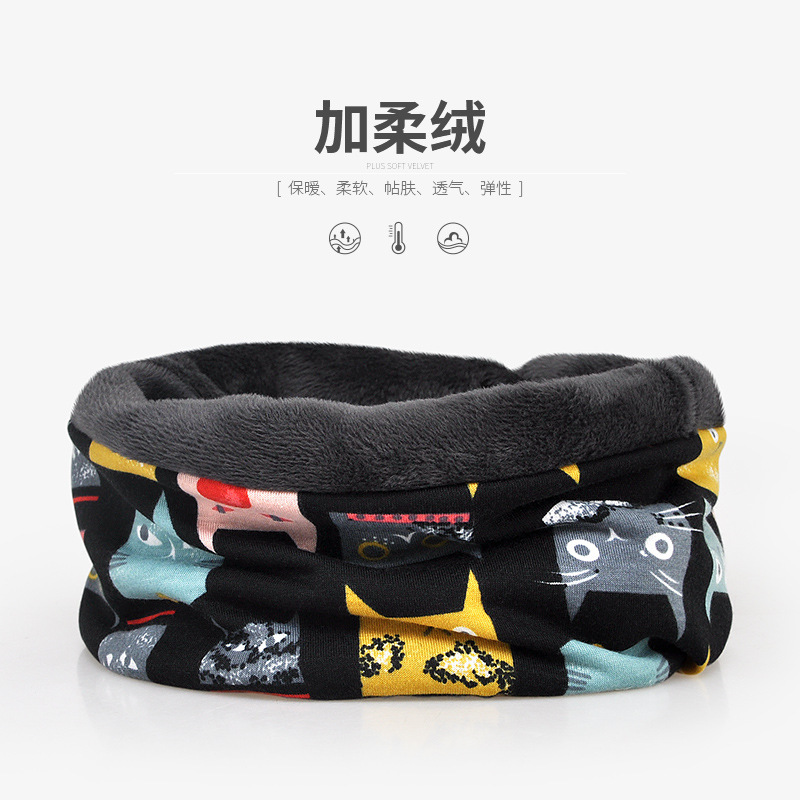 春夏棉质防风套头帽儿童堆堆帽 可爱猫猫图案头巾帽子围脖两用 黑色(加绒) 成人款,适合55到60厘米的头围