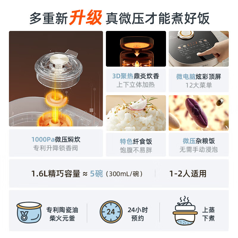 小熊(bear) DFB-C16Q1迷你电饭煲 家用小容量1-2人一键快煮饭微压多功能预约配蒸笼1.6L蒸饭器高清大图