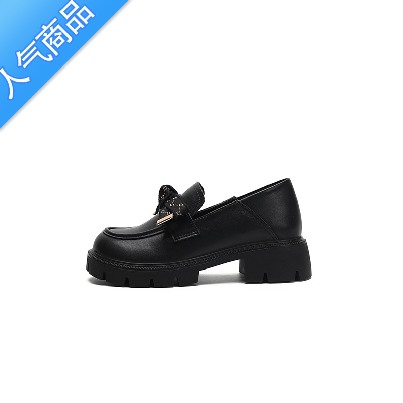 SUNTEK乐福鞋2023夏季新款复古厚底粗跟内增高圆头蝴蝶结英伦风小皮鞋女高清大图