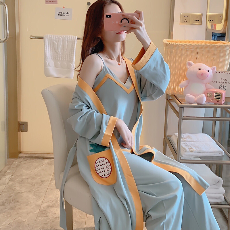 波迷娜(BOMINA)睡衣女春三件套装纯棉睡袍夏天薄款可爱性感休闲服可外穿