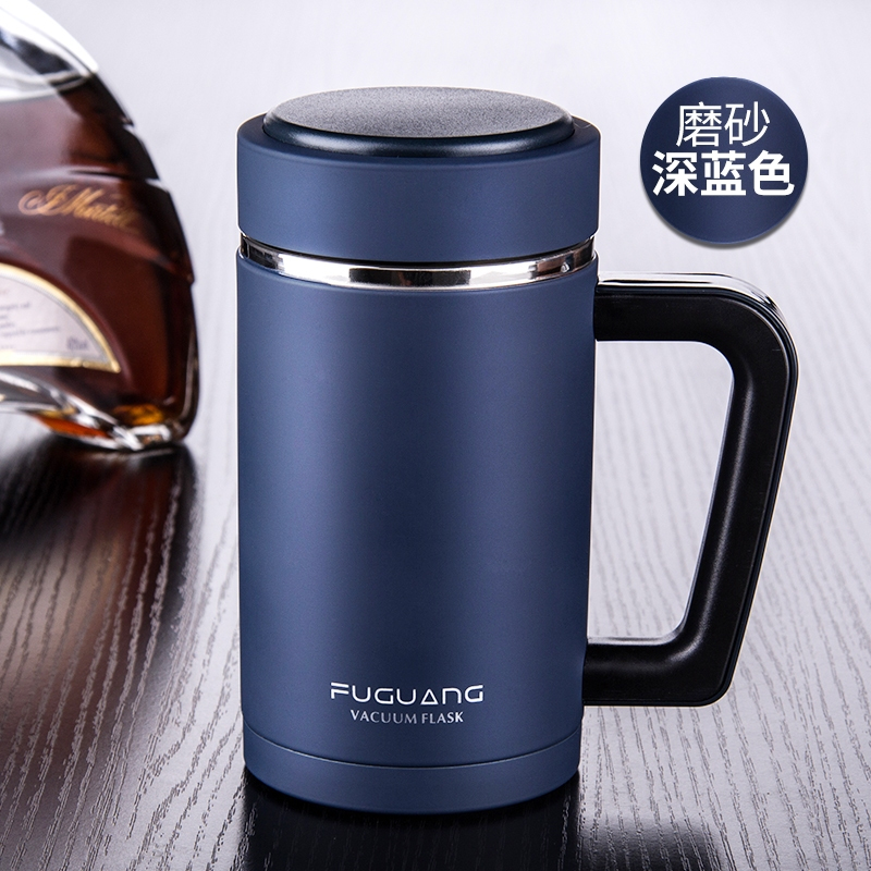 富光保温杯男女士带盖商务茶杯480ml不锈钢真空带手柄水杯大容量 磨砂墨蓝 480ml