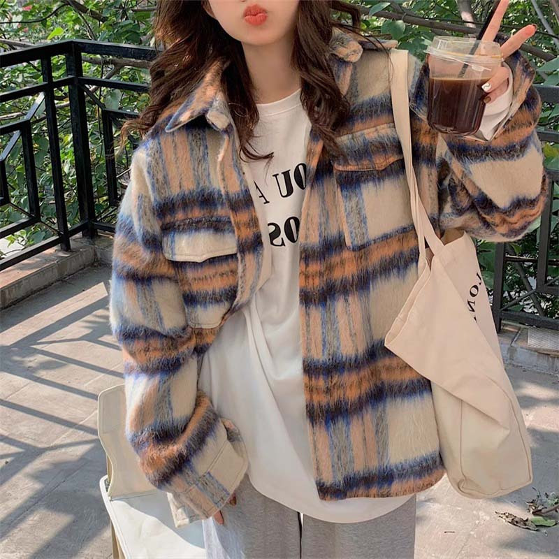 短款羊绒格子毛呢外套女秋冬韩版宽松复古小个子格纹呢子大衣