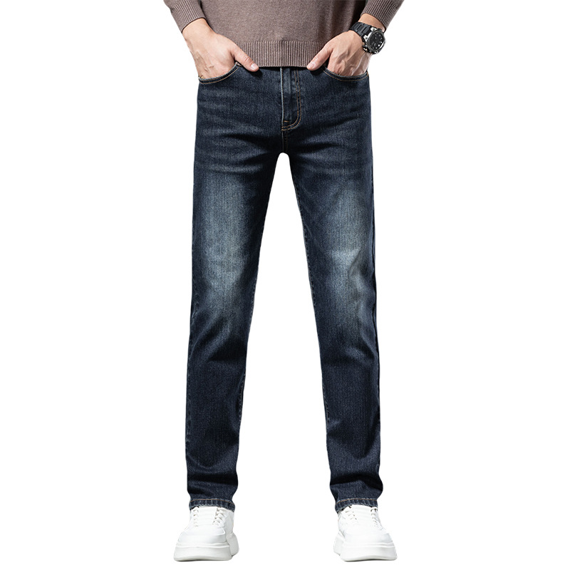 品质热力绒保暖男士牛仔裤加绒加厚弹力修身一体绒中年商务休闲裤高清大图