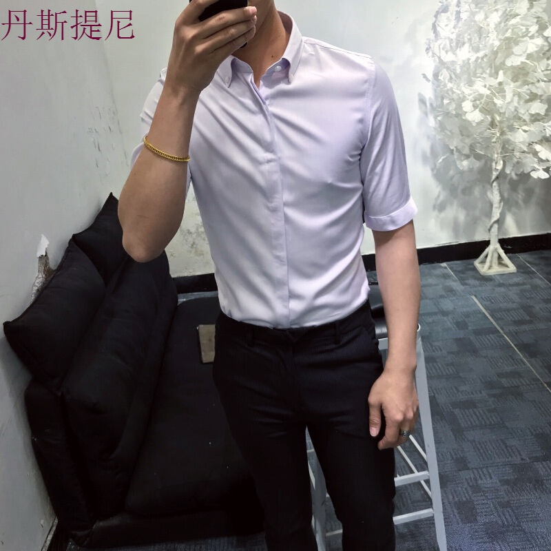 新款简约休闲纯色中袖衬衫男士韩版修身英伦百搭青年五分袖衬衣潮
