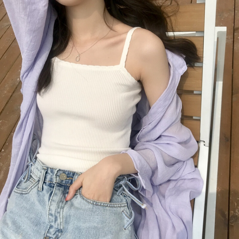 波迷娜(BOMINA)网红美背夏季心机小吊带性感百搭夏季韩版螺纹短款内搭小背心女 弹力修身显瘦针织吊带打底衫 黑色 均码