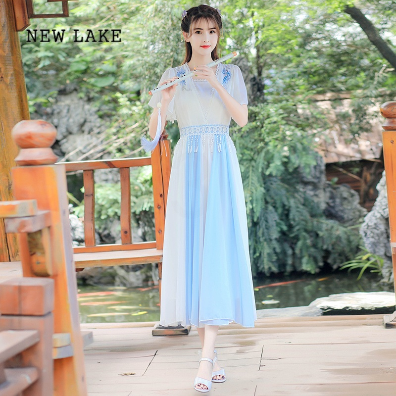 new lake初中高中学生改良汉服少女夏装汉元素日常清新古装连衣裙合唱
