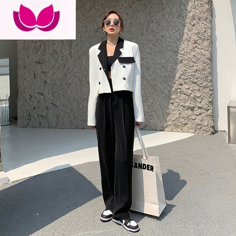 七斓炸街短款小西装套装女秋2023新款黑白撞色西服上衣长裤休闲套高清大图