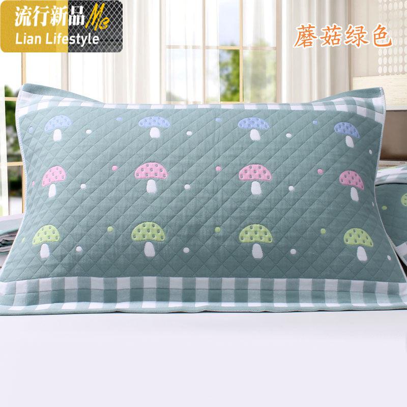 纱布枕巾纯棉一对装加大加厚成人款清爽不色不毛三维工匠_657 默认尺寸 蘑菇绿色一对