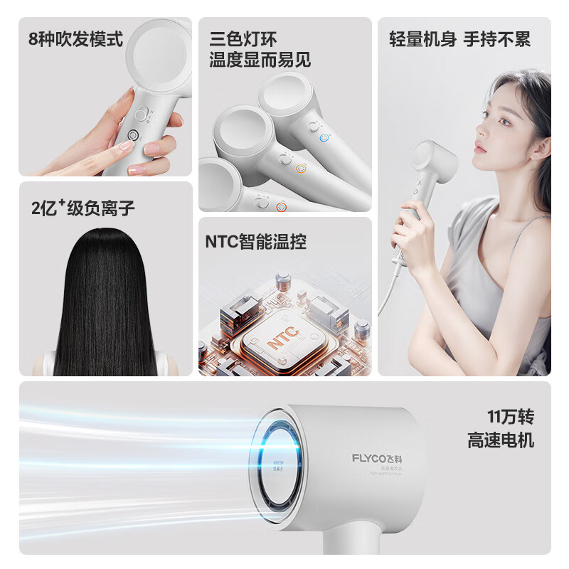 飞科(FLYCO)吹风机家用电吹风宿舍高速负离子大风力速干便携吹风筒送女友礼物 FH6351星空灰高清大图