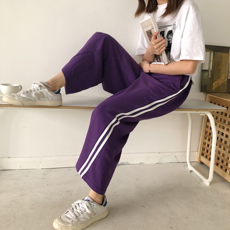 夏装女装韩版学院风宽松竖条纹运动休闲裤九分裤阔腿裤直筒裤长裤黑色均码