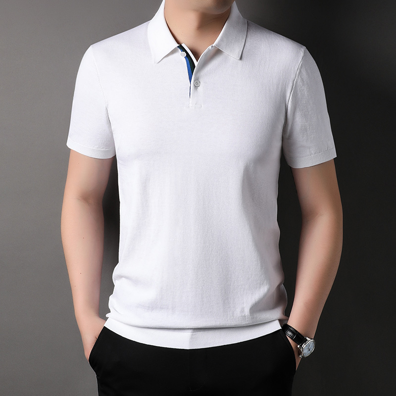 夏季新款男士翻领纯色桑蚕丝短袖t恤休闲亚麻男装棉质半袖polo衫高清大图