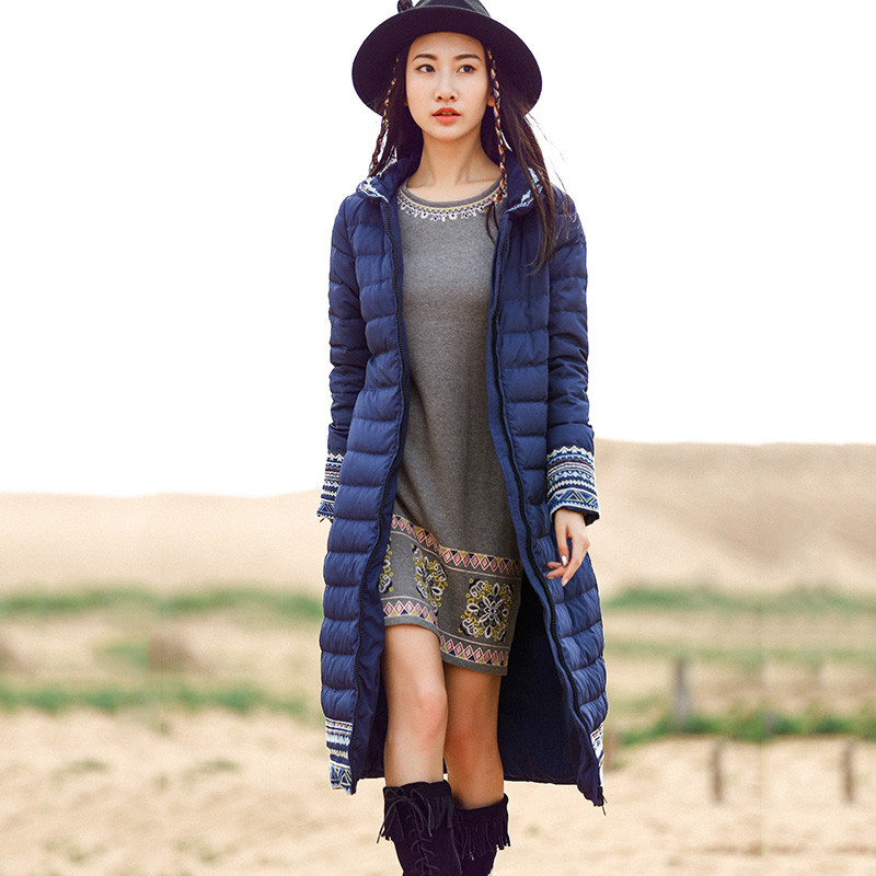 裂帛2019夏装新款几何刺绣白鸭绒衣翻领长袖加长羽绒服女51160796