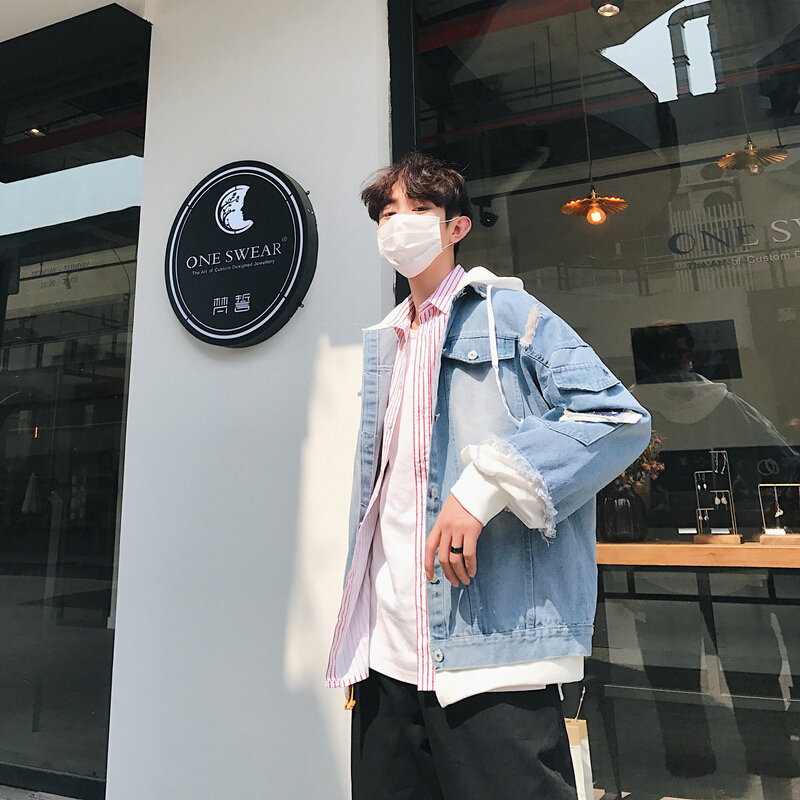 秋季港风个仔外男破洞帅气克刺绣f风宽松连帽潮