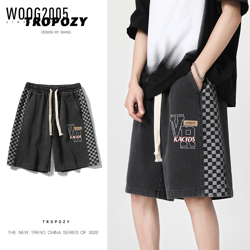 WOOG2005棋盘格牛仔短裤男夏季美式潮流宽松五分裤拼接直筒阔腿裤