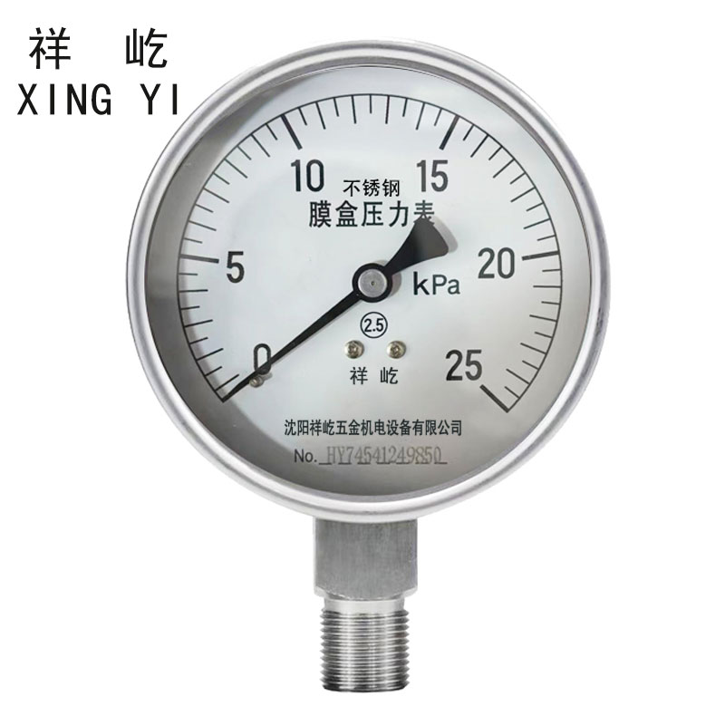 祥屹 不锈钢膜盒压力表检测定制型 YE100BF 块 0-25Kpa