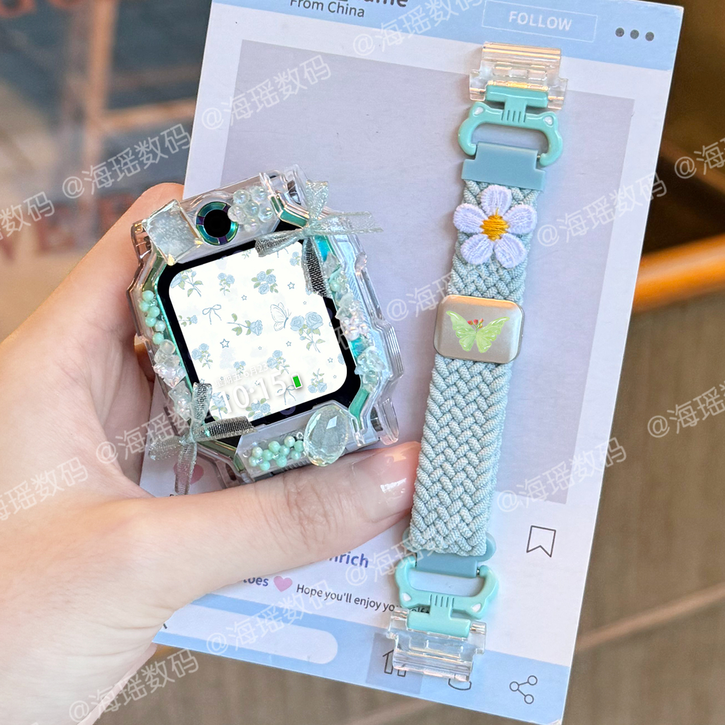 蝴蝶猫耳适用于小天才手表表带z11/z10/z9编织z8/z7保护套z6pro/d3儿童磁吸透气腕带配件秋冬款3139g 绿套 8