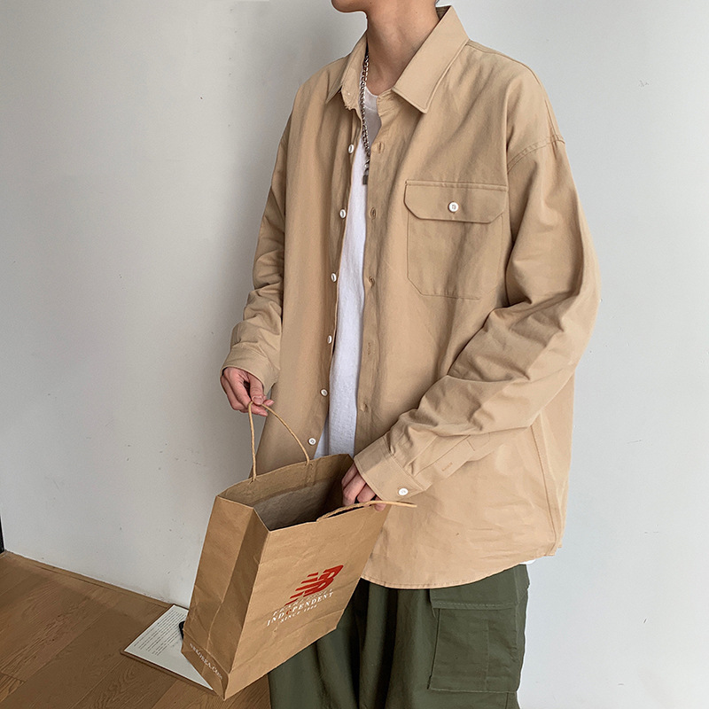 港风文艺男 ins男士长袖衬衫秋季日系宽松纯色衬衣外套潮流韩版莎丞