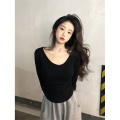 纯欲风V领修身长袖T恤女秋季新款显瘦辣妹别致学生上衣女装潮 L 黑色