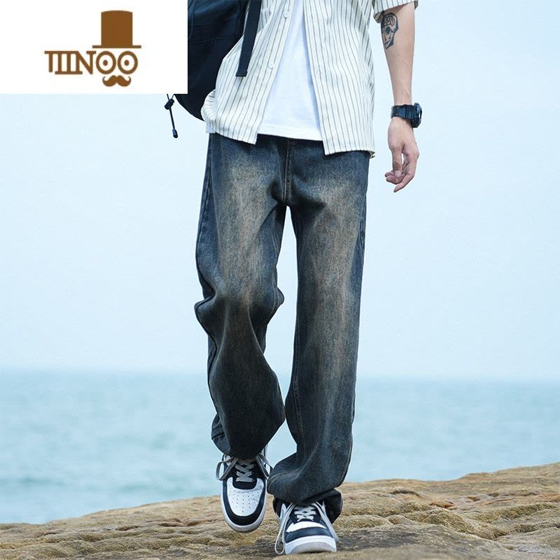 YANXU水洗复古蓝牛仔裤男士宽松直筒男生高街潮流潮牌休闲长裤子图片