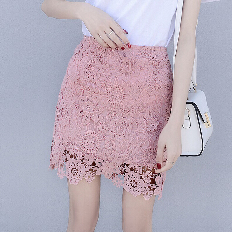 水溶蕾丝半身裙夏季2018秋款一步裙女粉色包臀短裙镂空高腰a字裙