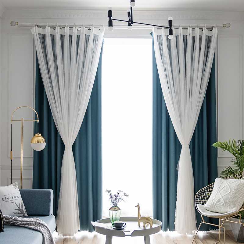 美帮汇新款棉麻双层星星遮光北欧简约卧室少女飘窗全遮光成品窗帘布 米粒蓝丽莎（布纱一体） 平铺3米宽*2.1高挂钩