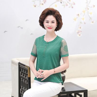 上衣/套装中老年女装夏装短袖T恤小衫40岁50洋气妈妈春季大码衣服 绿色上衣 XL 建议90-105斤