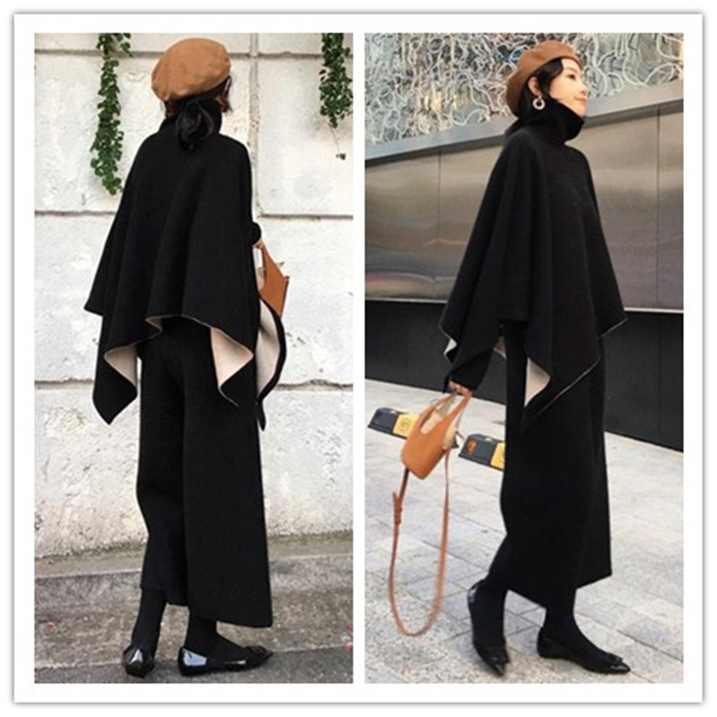 热卖蝙蝠衫外套秋冬斗篷学生阔腿裤套装小个子清新短上衣原宿加厚毛呢